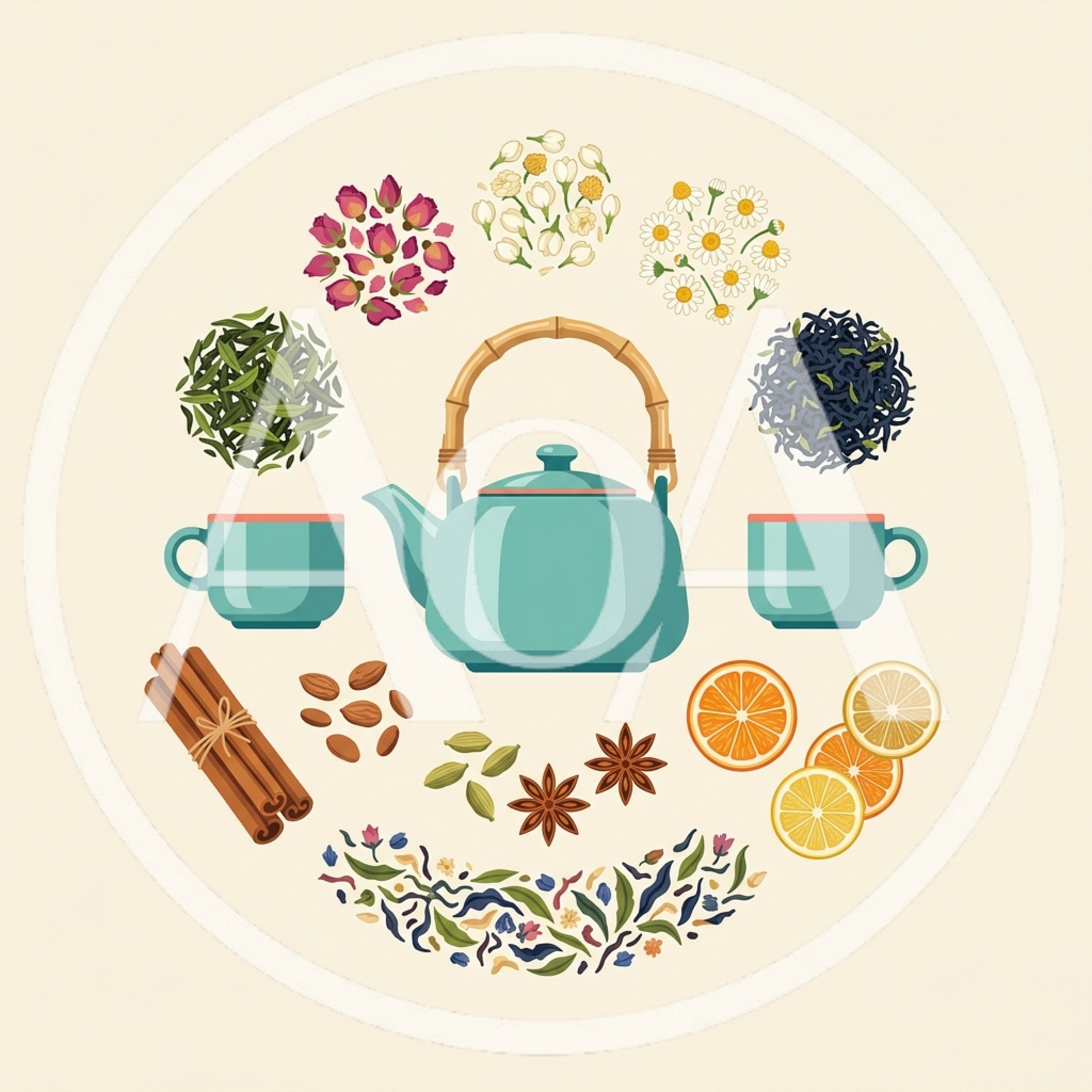 Tea Ingredients And Teapot Illustration