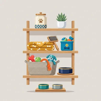 Pet Supplies Organized On Wooden Shelves