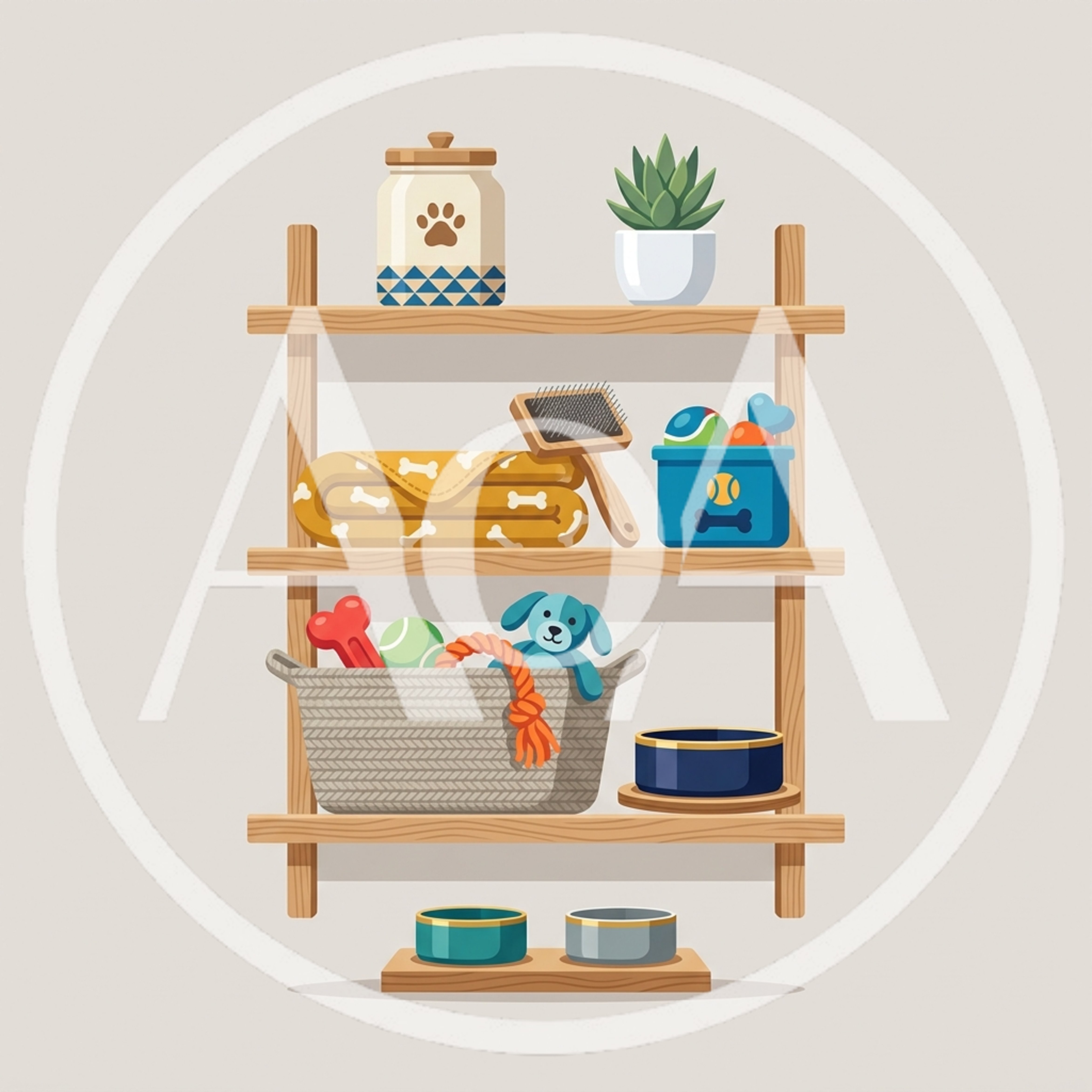 Pet Supplies Organized On Wooden Shelves