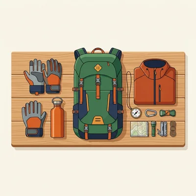 Hiking Gear Flat Lay With Backpack And Accessories