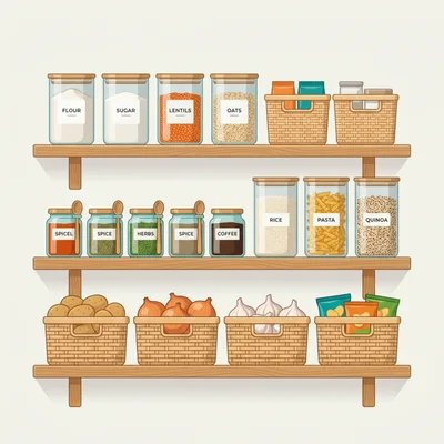 Organized Kitchen Pantry Shelves With Food Storage Containers