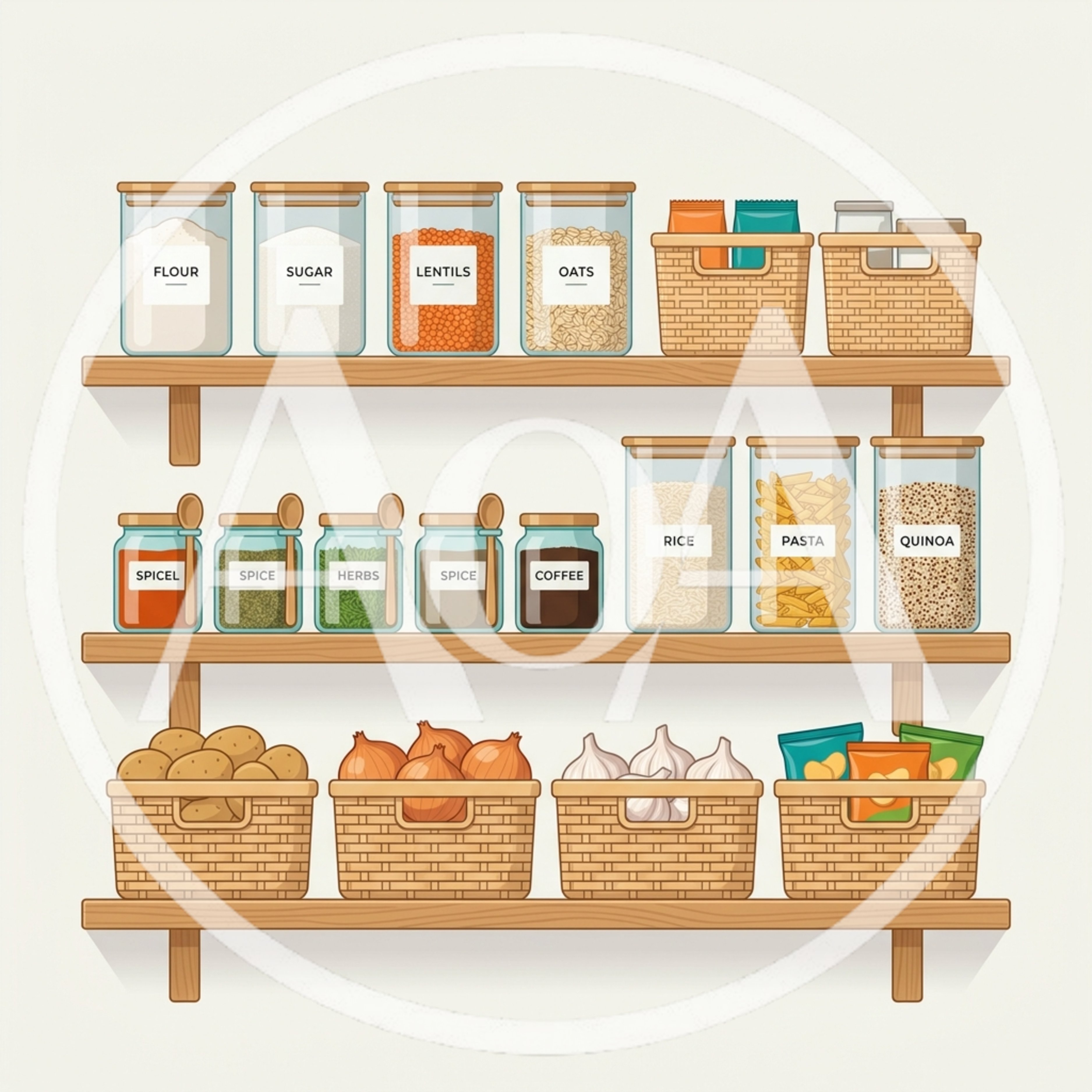 Organized Kitchen Pantry Shelves With Food Storage Containers
