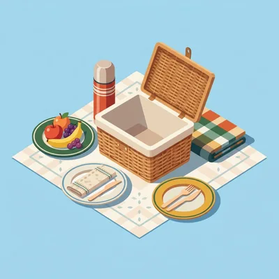 Isometric Picnic Basket With Fruit And Tableware