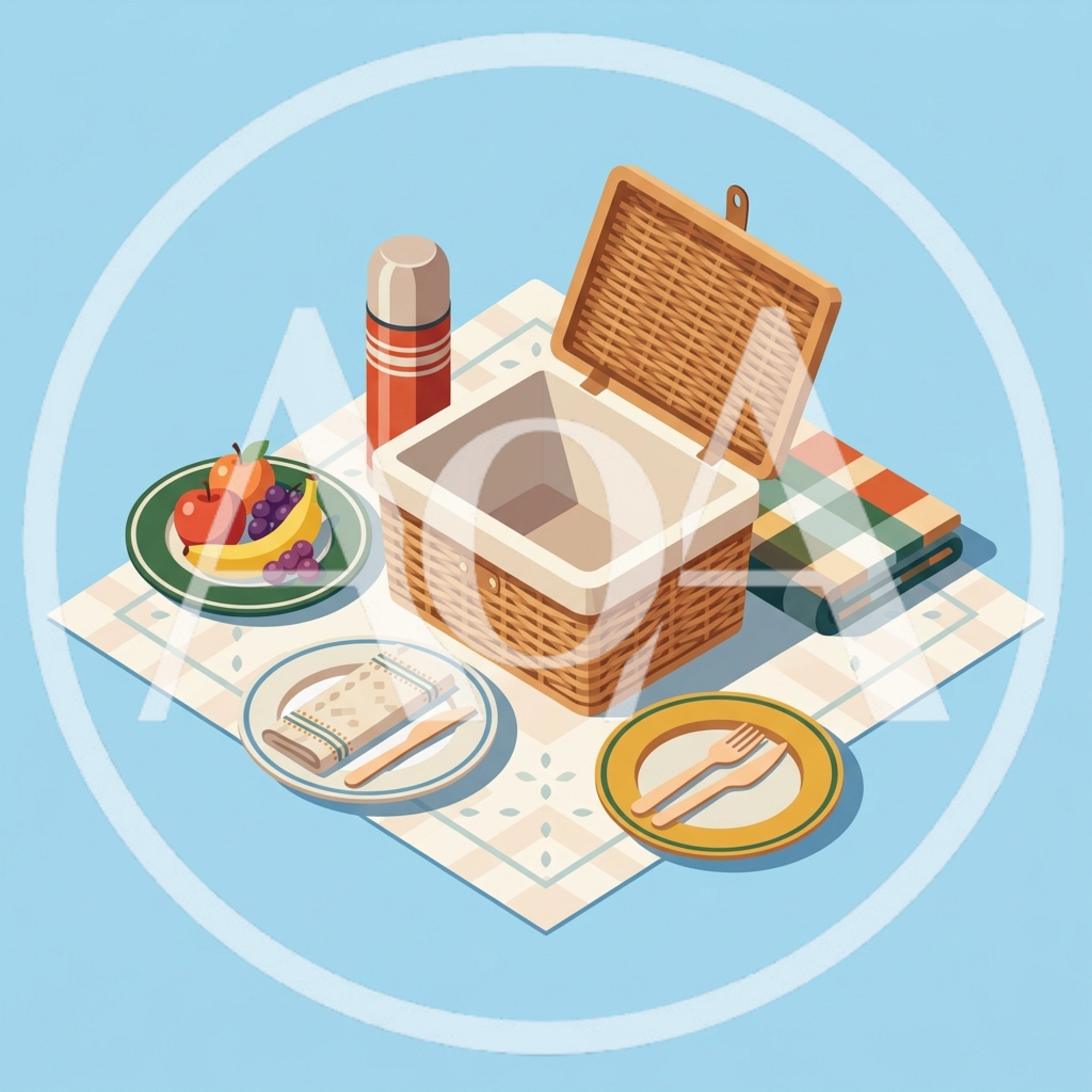 Isometric Picnic Basket With Fruit And Tableware