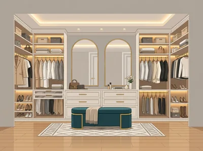Modern Walk In Closet With Organized Clothing And Accessories