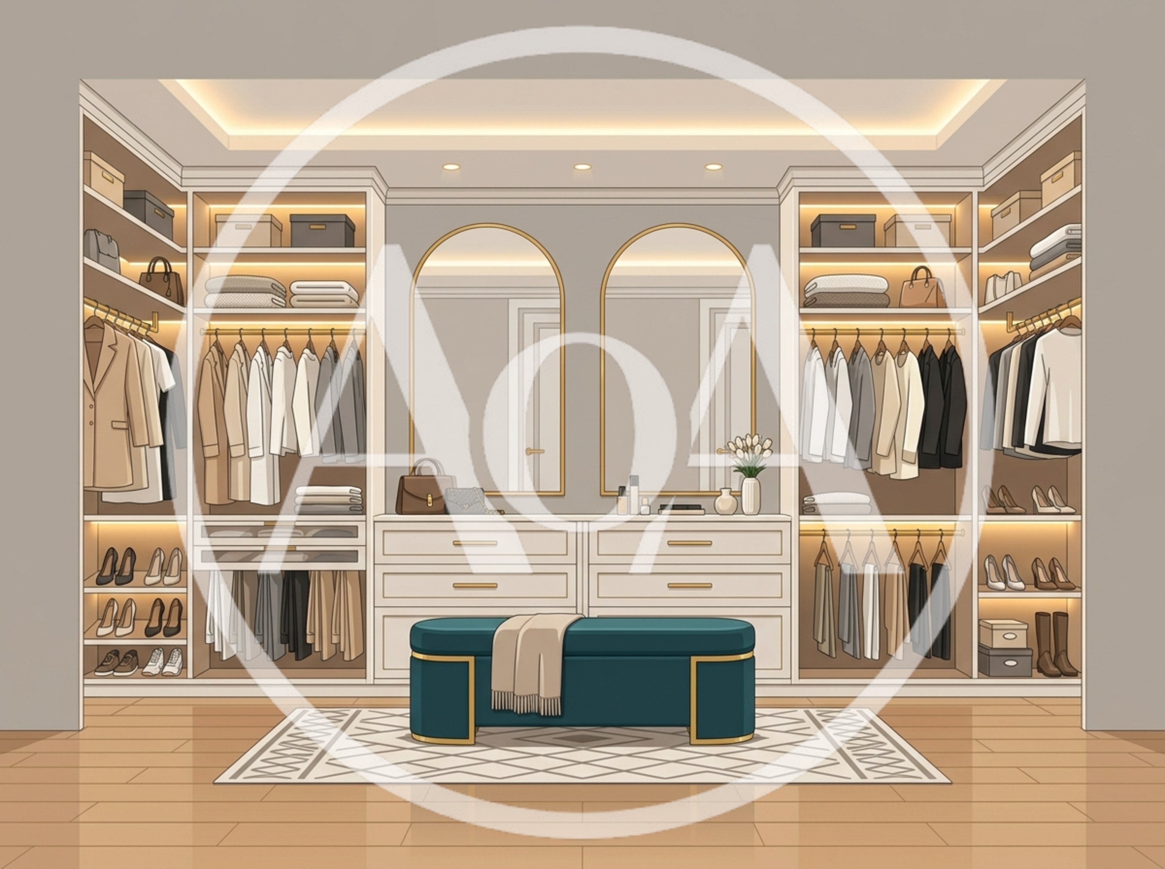 Modern Walk In Closet With Organized Clothing And Accessories