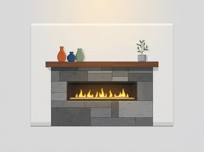 Modern Stone Fireplace With Decorative Vases And Plant