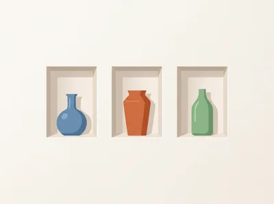 Three Decorative Vases In Wall Niches