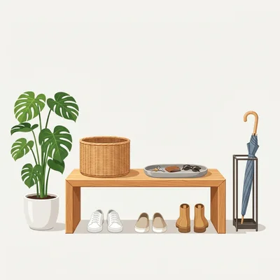Minimalist Entryway Bench With Decor And Shoes