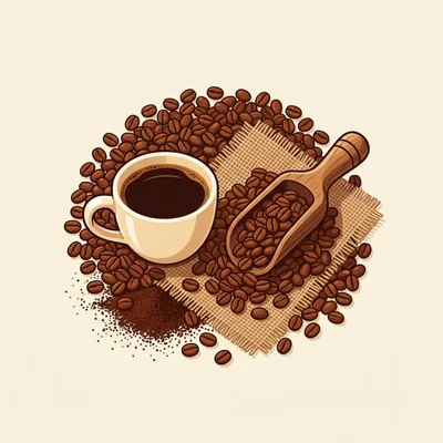 Coffee Cup With Beans And Wooden Scoop