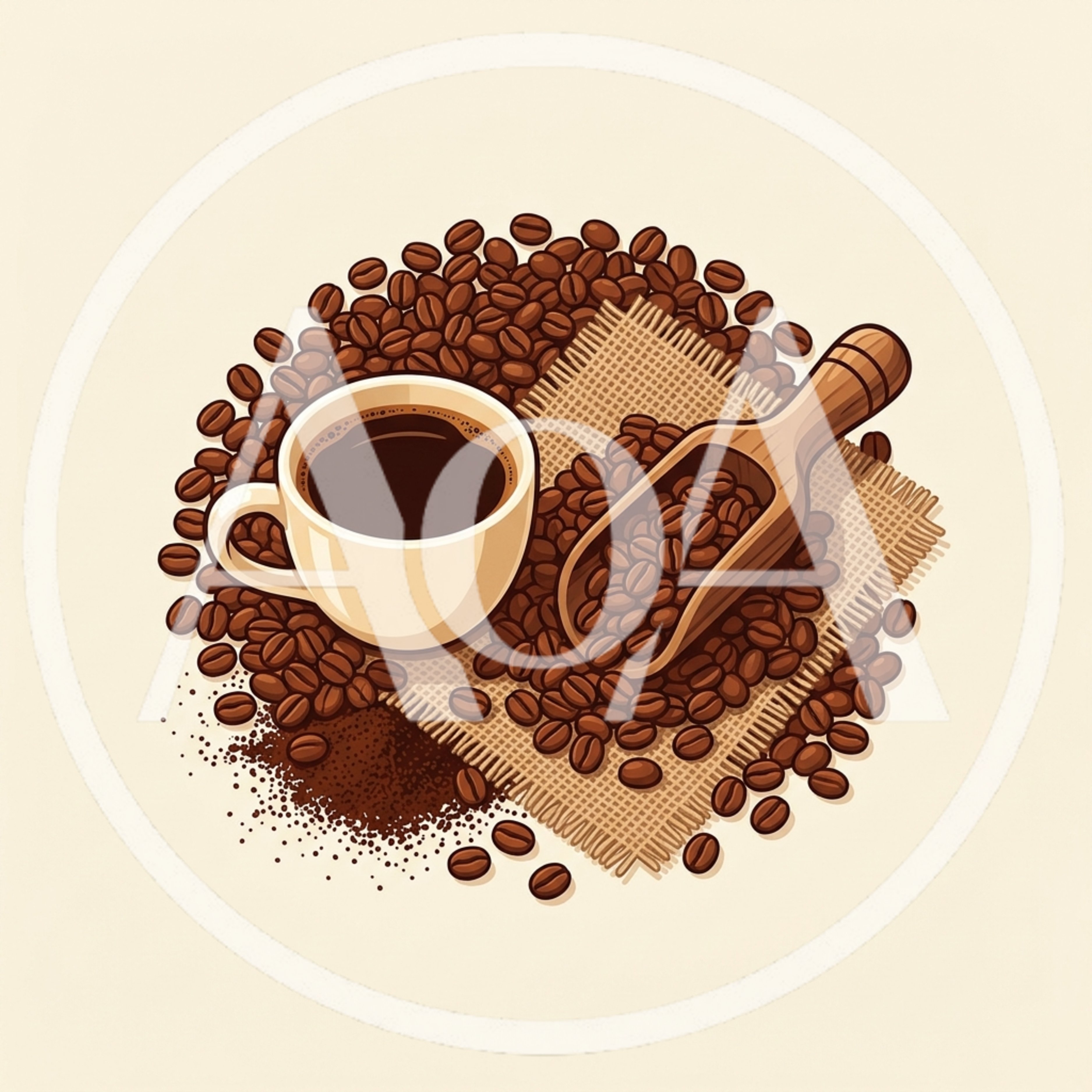 Coffee Cup With Beans And Wooden Scoop
