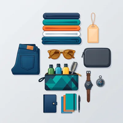 Flat Lay Illustration Of Travel Essentials And Accessories