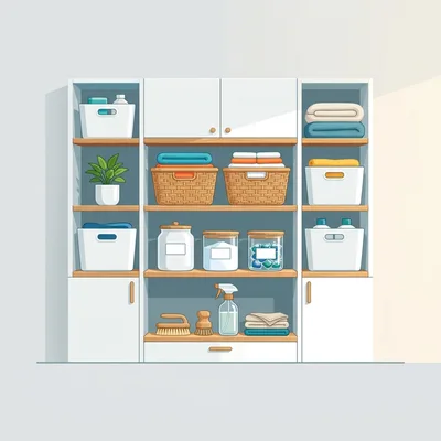 Organized Laundry Room Shelving Unit With Cleaning Supplies