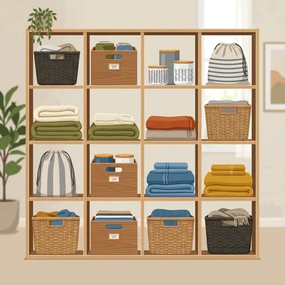 Organized Wooden Shelving Unit With Storage Baskets And Textiles