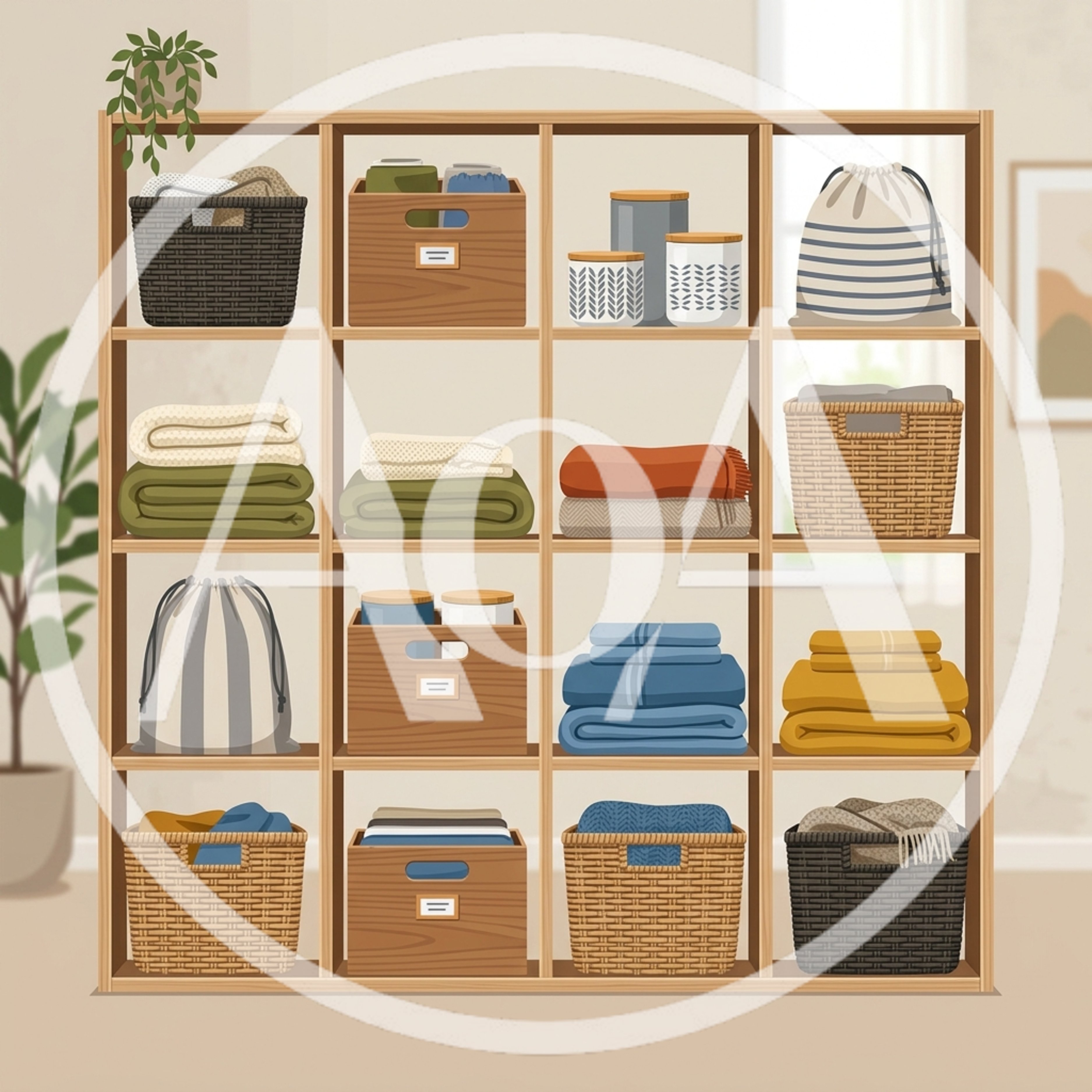 Organized Wooden Shelving Unit With Storage Baskets And Textiles