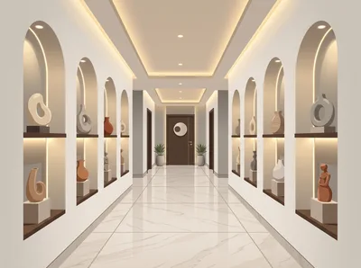 Modern Hallway With Arched Wall Niches And Decorative Vases