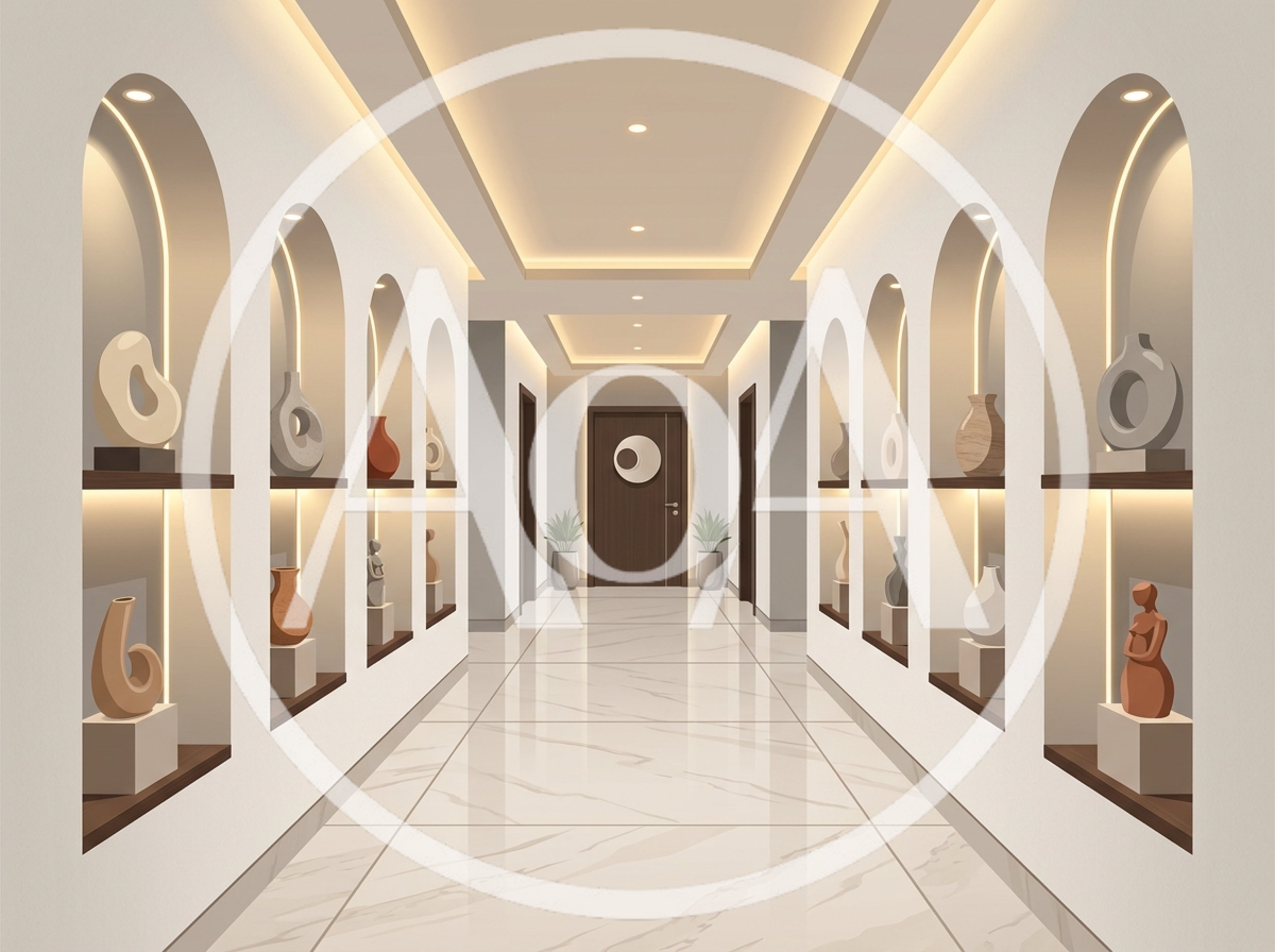 Modern Hallway With Arched Wall Niches And Decorative Vases