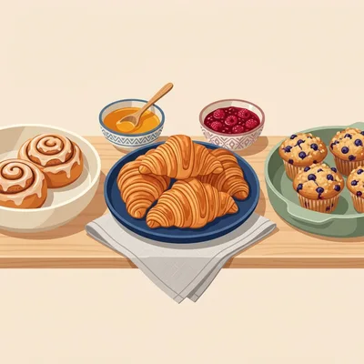 Assorted Breakfast Pastries With Honey And Jam