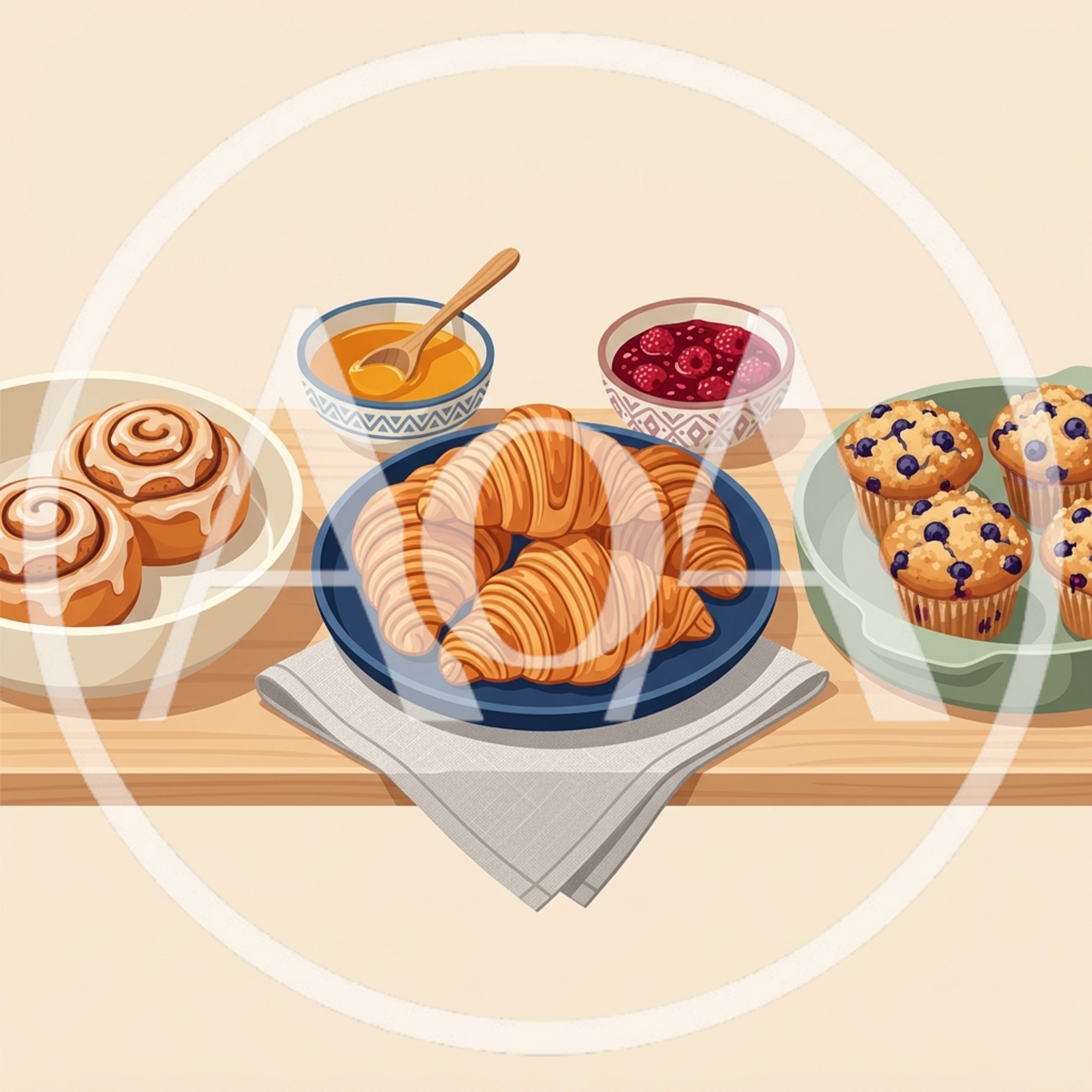 Assorted Breakfast Pastries With Honey And Jam