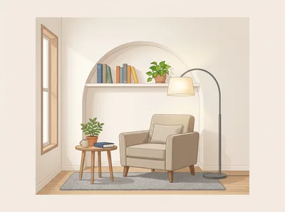 Cozy Reading Nook With Armchair And Arched Wall Shelf