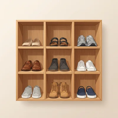 Wooden Shoe Rack With Various Pairs Of Footwear