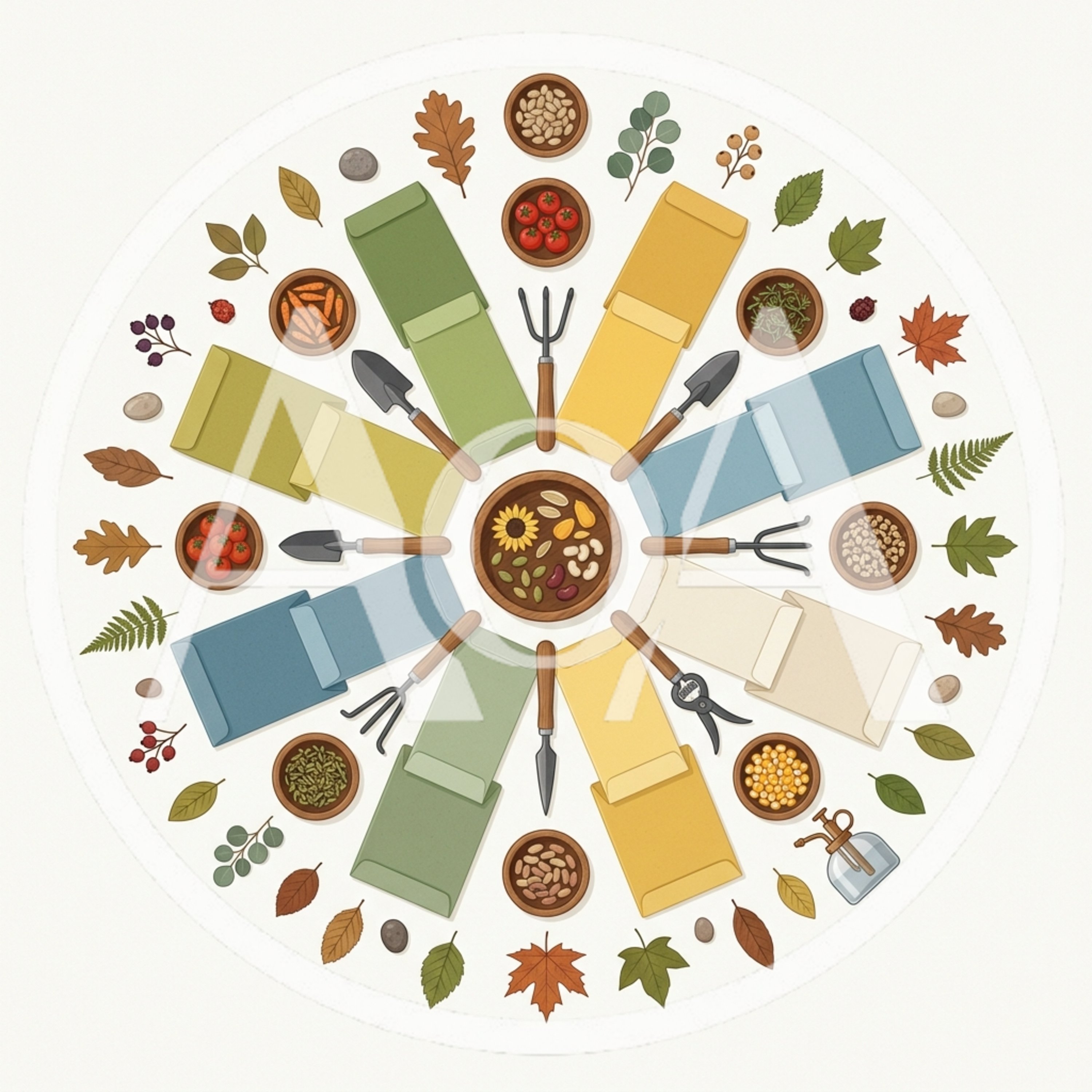 Gardening Tools And Seeds Arranged In A Circular Mandala