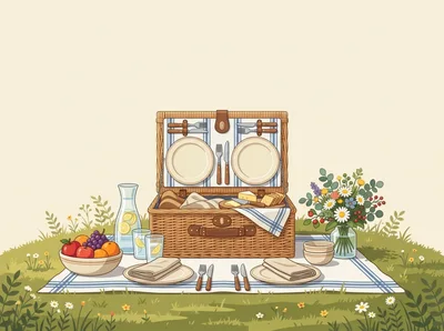 Picnic Basket Setup With Fruit And Flowers