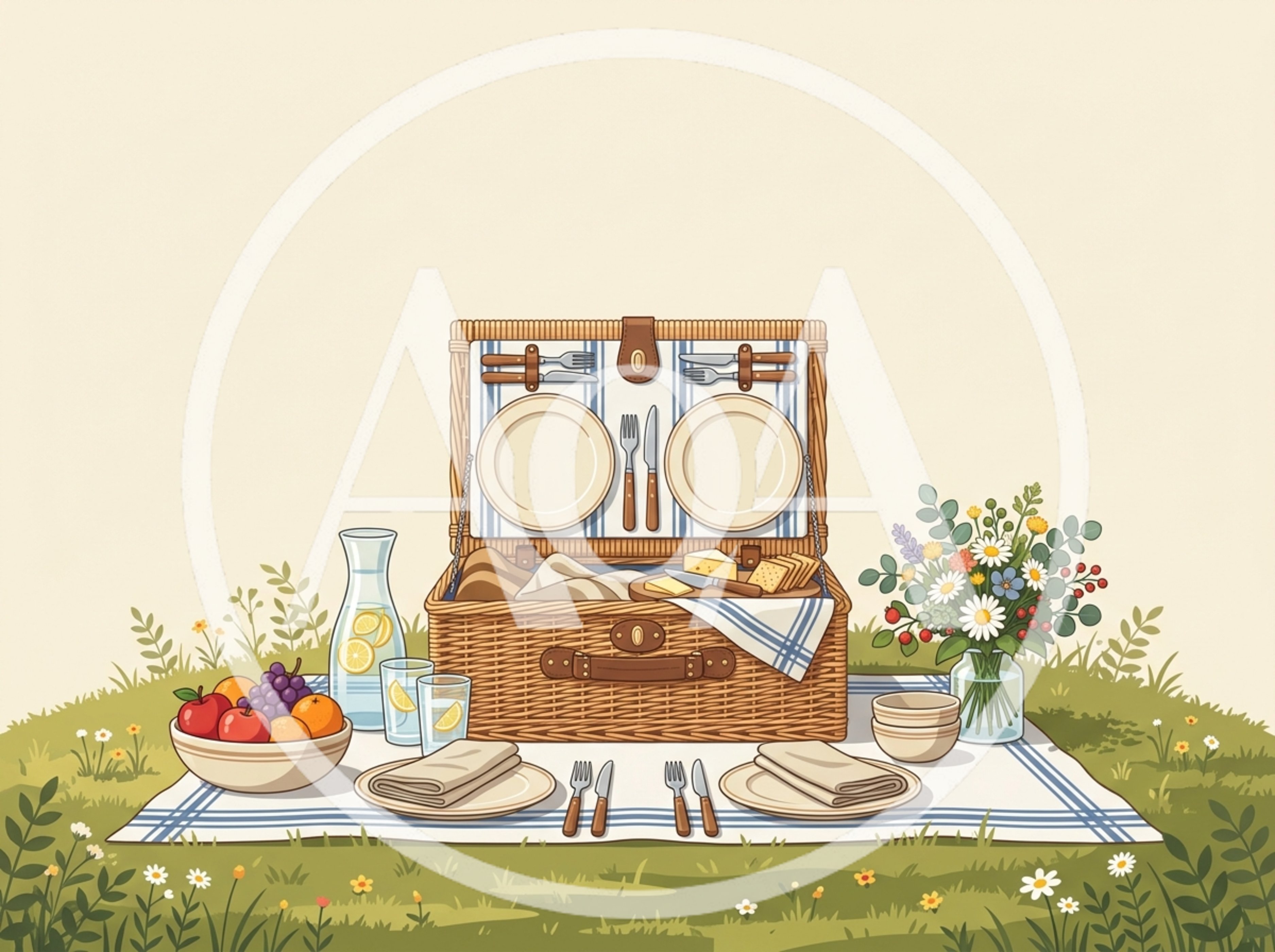 Picnic Basket Setup With Fruit And Flowers