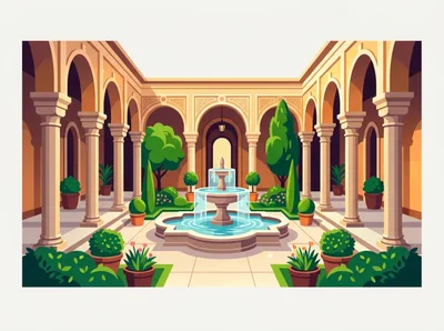 Courtyard Garden With Central Fountain And Arched Architecture