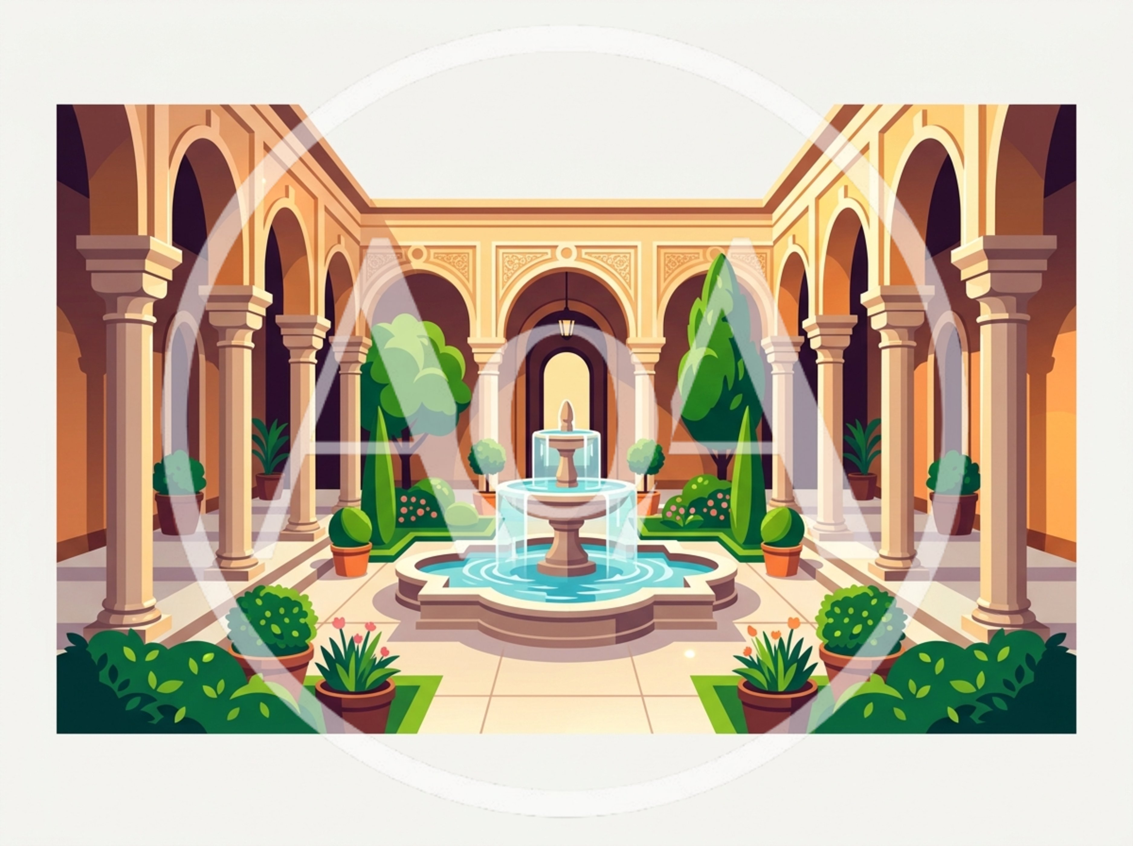 Courtyard Garden With Central Fountain And Arched Architecture