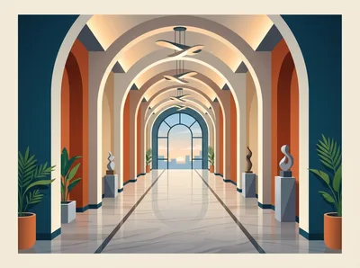 Modern Architectural Hallway With Arched Corridors And Sunset View