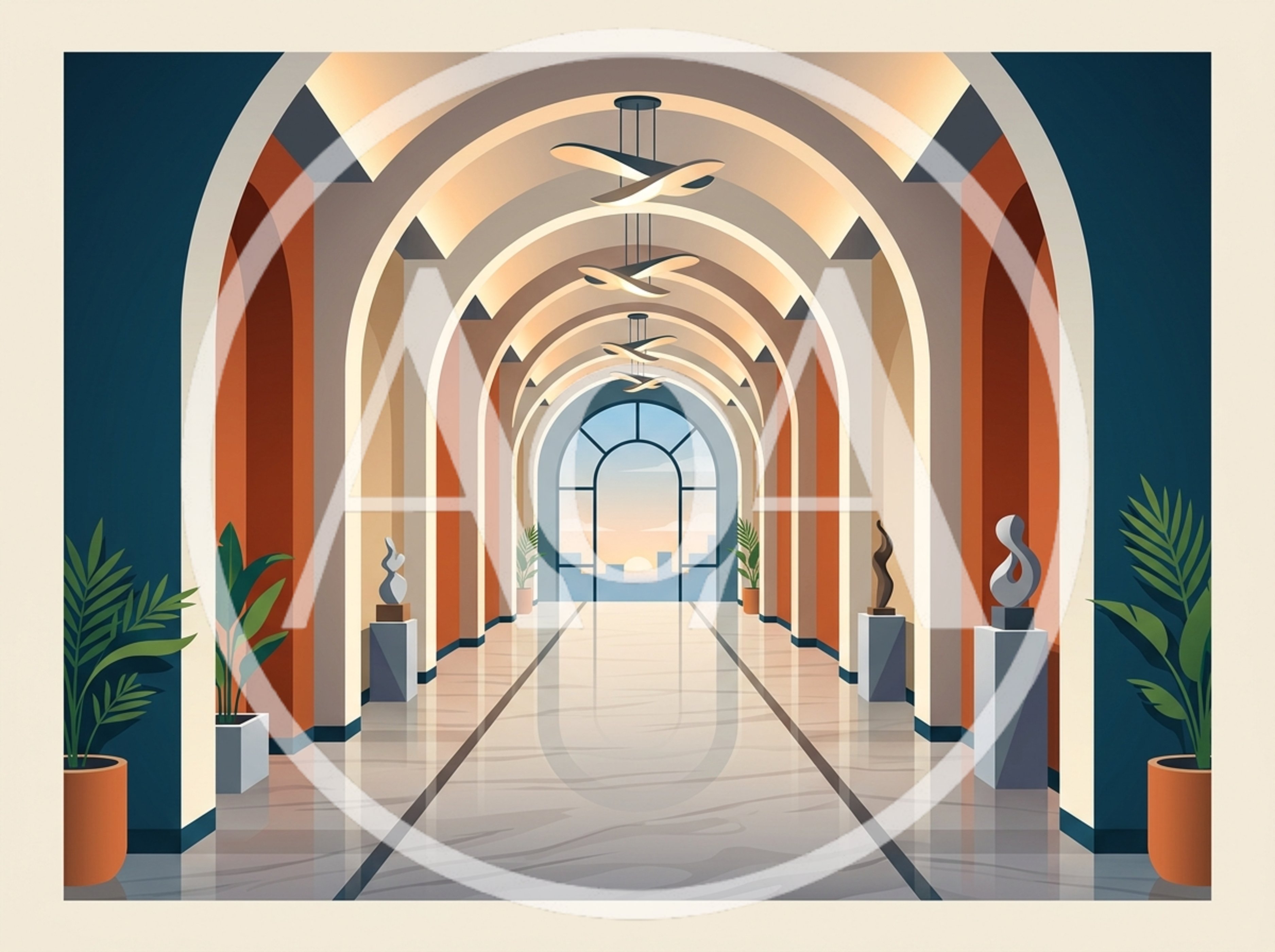 Modern Architectural Hallway With Arched Corridors And Sunset View
