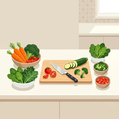 Fresh Vegetables Prepared On A Kitchen Countertop
