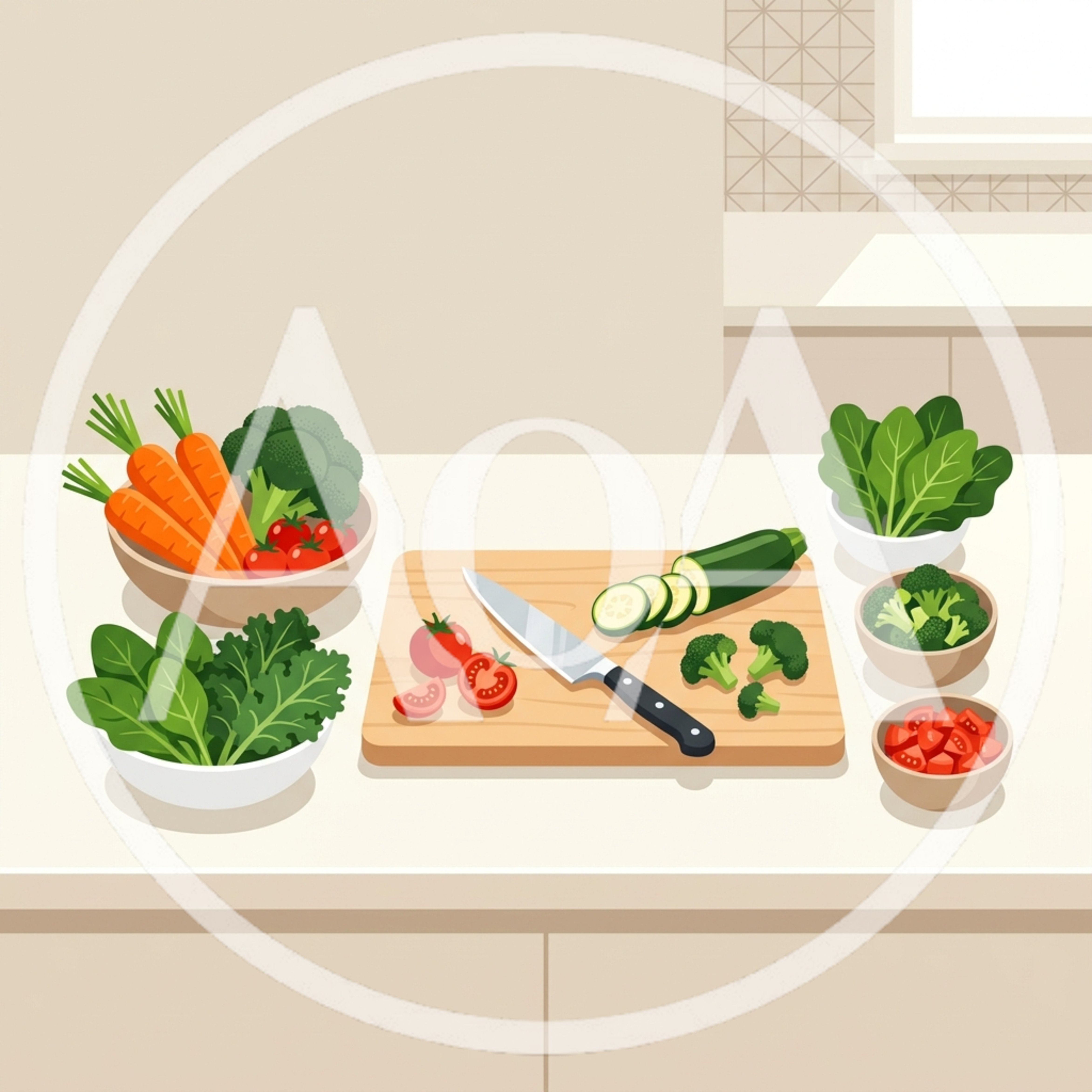 Fresh Vegetables Prepared On A Kitchen Countertop