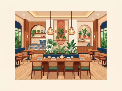Modern Cafe Interior With Wooden Furniture And Plants
