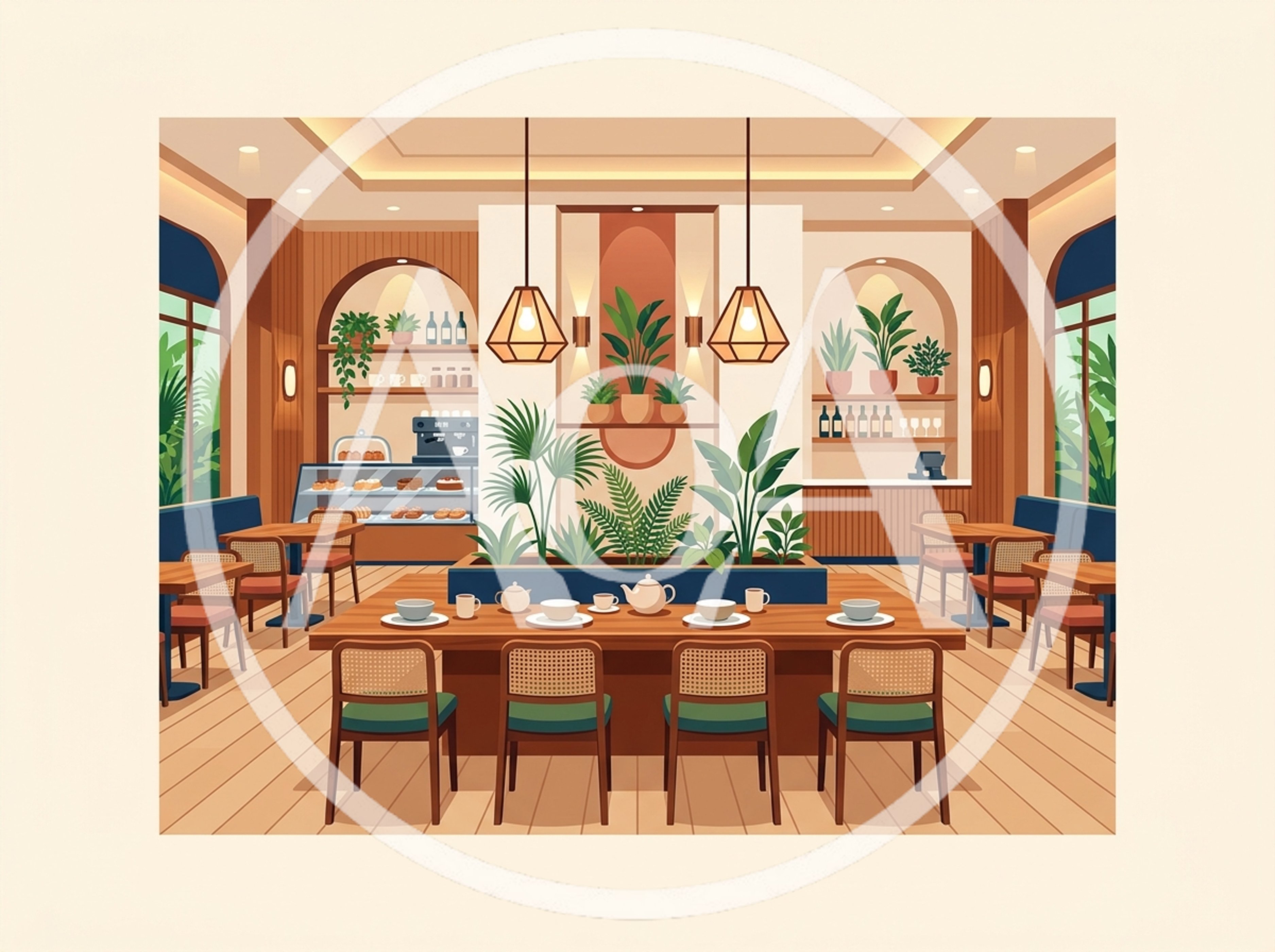 Modern Cafe Interior With Wooden Furniture And Plants