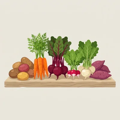 Fresh Assorted Root Vegetables On A Wooden Surface