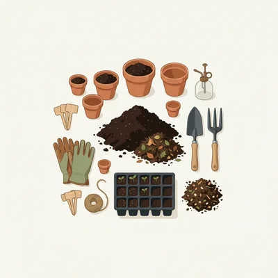 Gardening Tools And Potted Plants Flat Lay