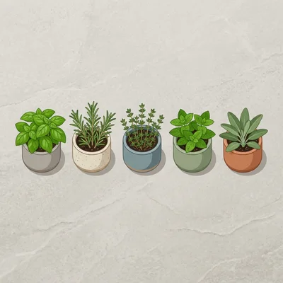 Five Potted Culinary Herbs In Minimalist Ceramic Pots