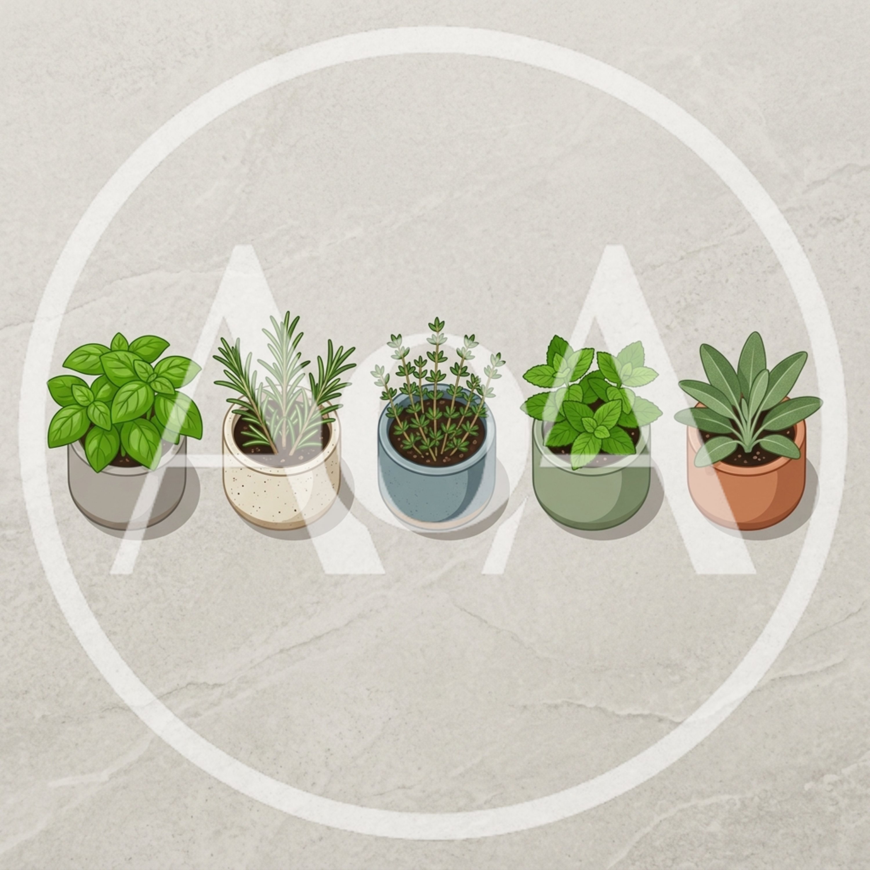 Five Potted Culinary Herbs In Minimalist Ceramic Pots