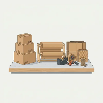 Packing Station With Cardboard Boxes And Shipping Supplies