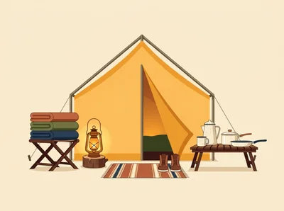 Camping Tent Setup With Outdoor Gear And Lantern