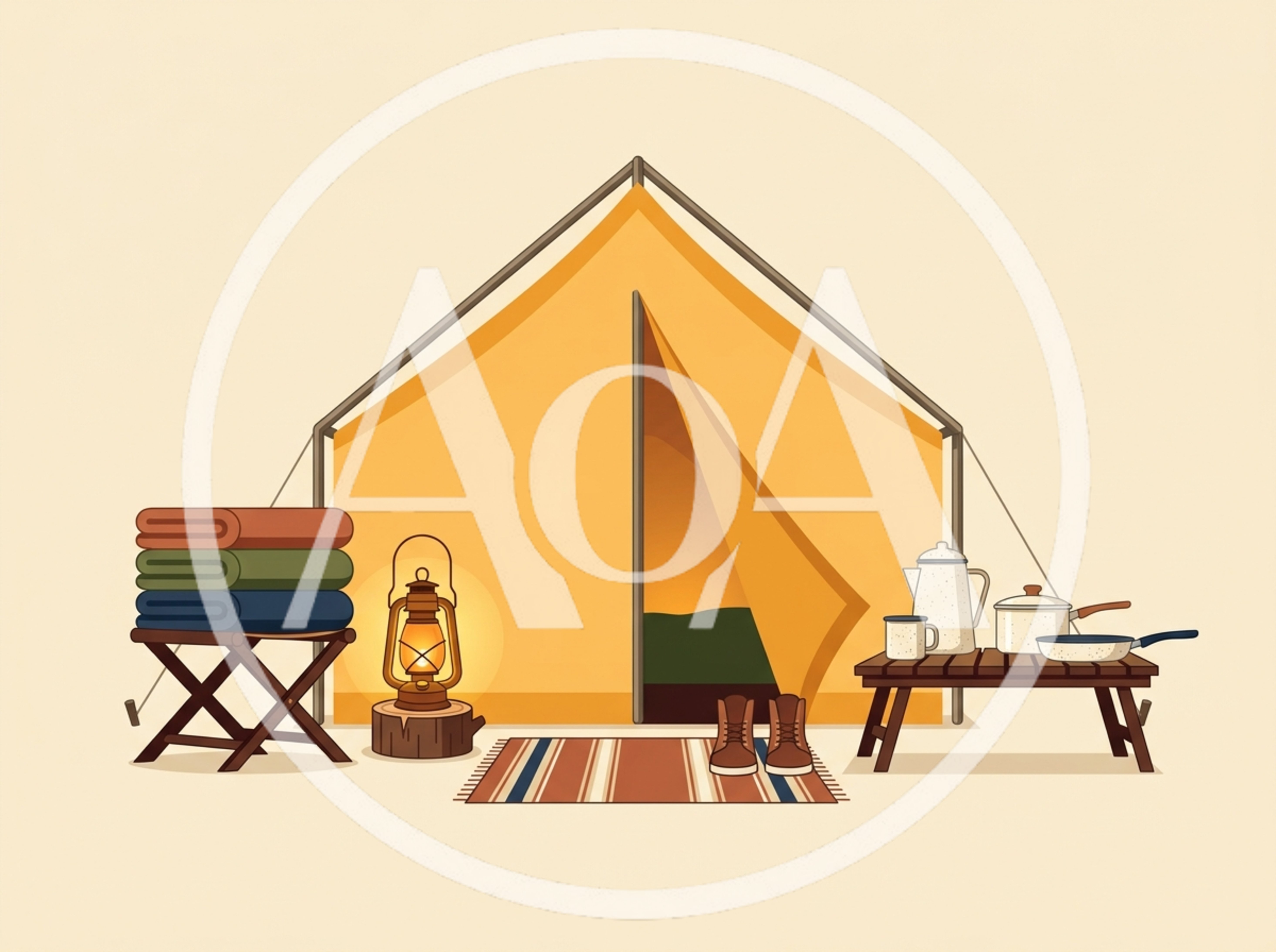 Camping Tent Setup With Outdoor Gear And Lantern