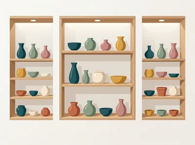 Minimalist Wooden Shelves Displaying Decorative Ceramic Pottery