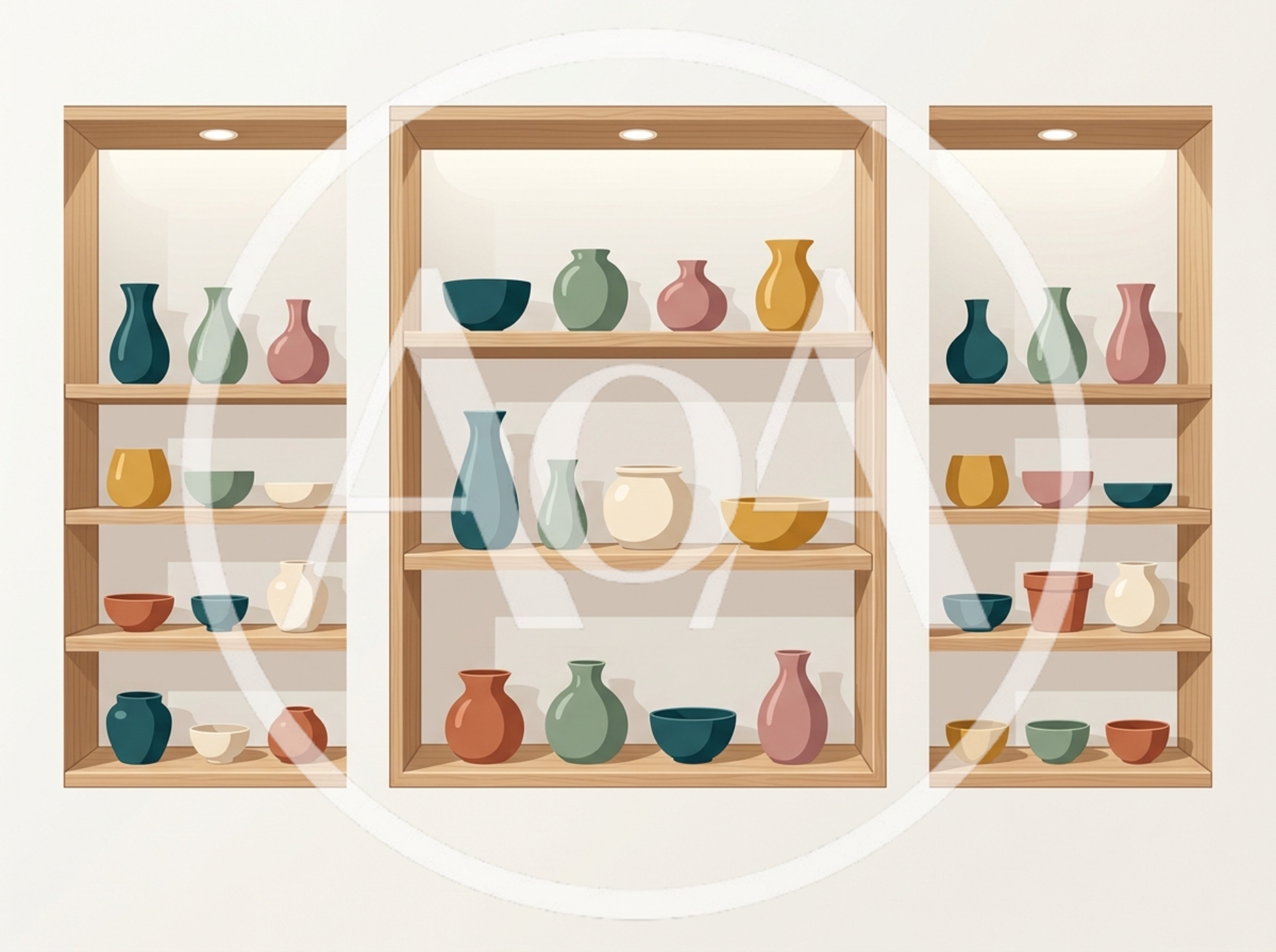Minimalist Wooden Shelves Displaying Decorative Ceramic Pottery