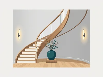 Modern Curved Wooden Staircase In Minimalist Interior