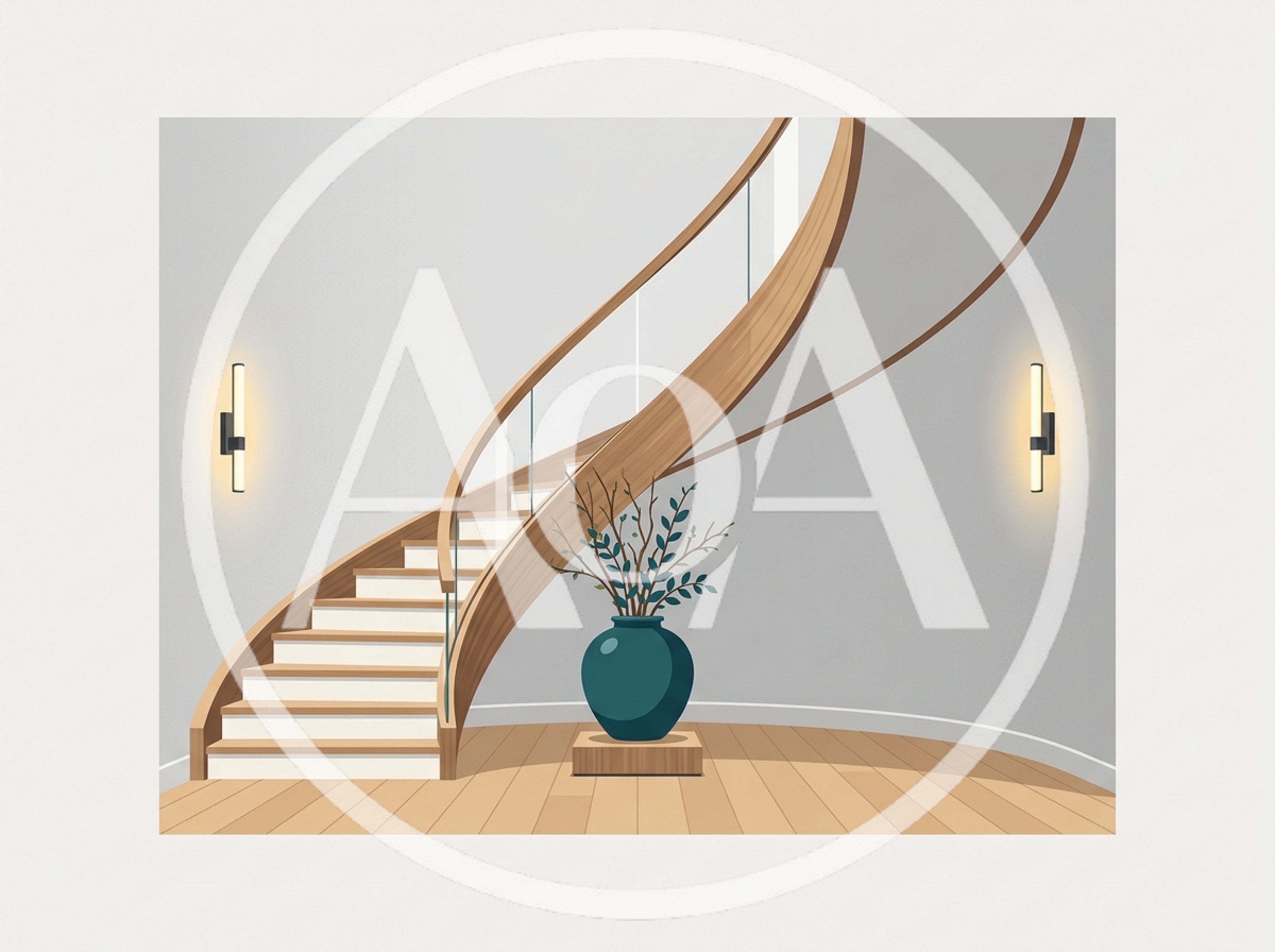 Modern Curved Wooden Staircase In Minimalist Interior