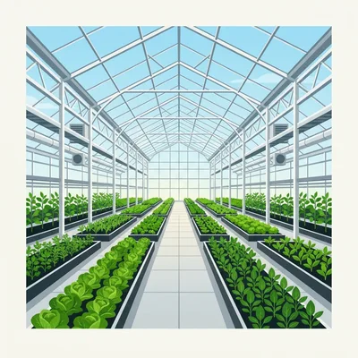 Modern Greenhouse Interior With Rows Of Growing Vegetables