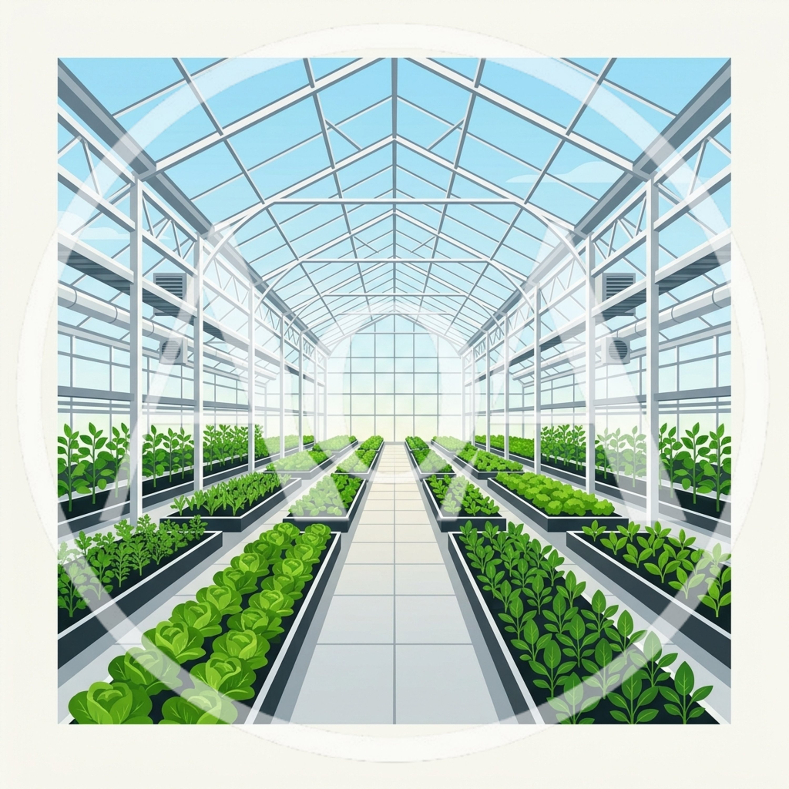 Modern Greenhouse Interior With Rows Of Growing Vegetables