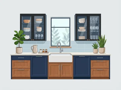 Modern Kitchen Interior With Farmhouse Sink And Cabinets